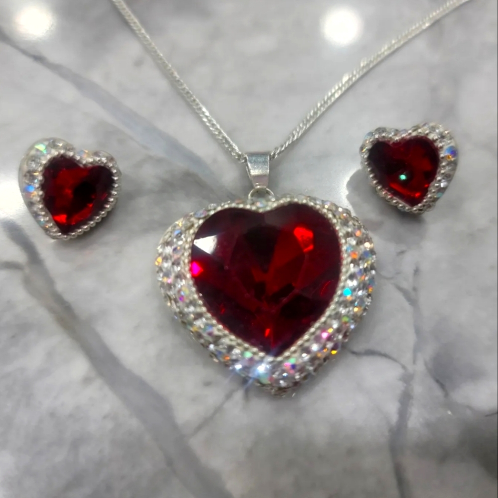 Real sterling silver heart shape with red stone necklace and earring set
